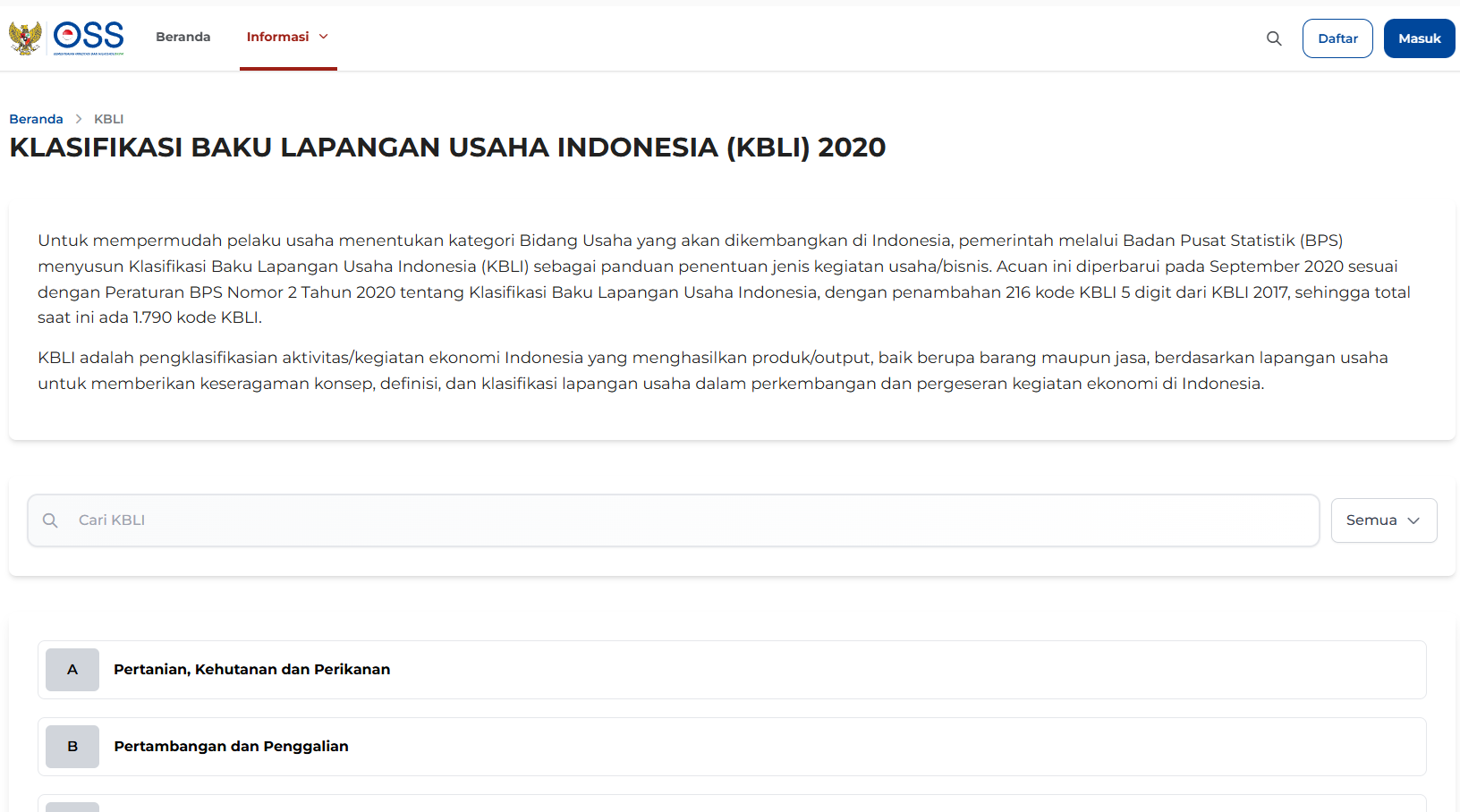 Klasifikasi Baku Lapangan Usaha Indonesia (KBLI) di sistem OSS RBA